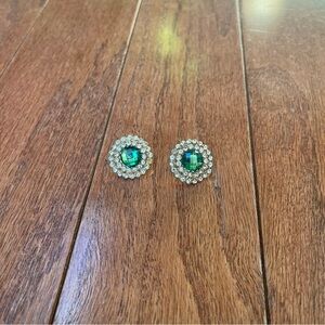 Large Round Emerald Color and Clear Rhinestone Earrings